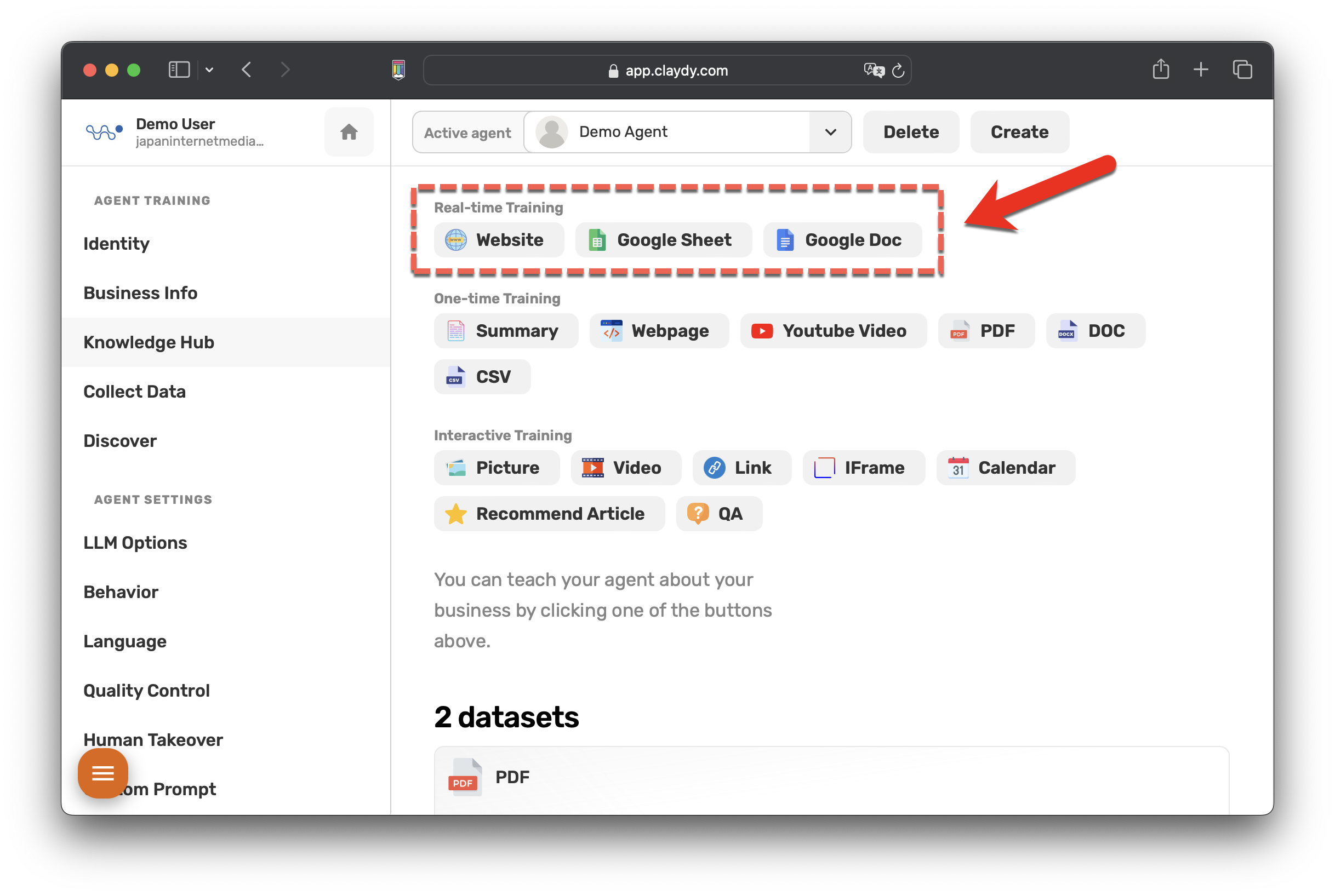 A browser window displays the Causaly app interface. An arrow points to the "Real-time Training" section, highlighting training options: Website, Google Sheet, and Google Doc. Below, there's a "One-time Training" section with various file format options. Two datasets are shown, both as PDFs.